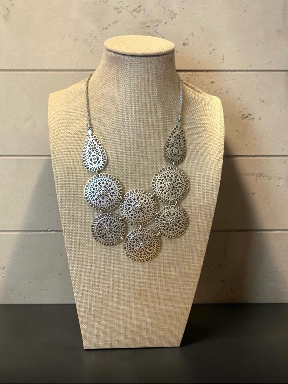 Retired Vintage Stella and Dot Medina Silver Tone Medallion Statement Necklace.